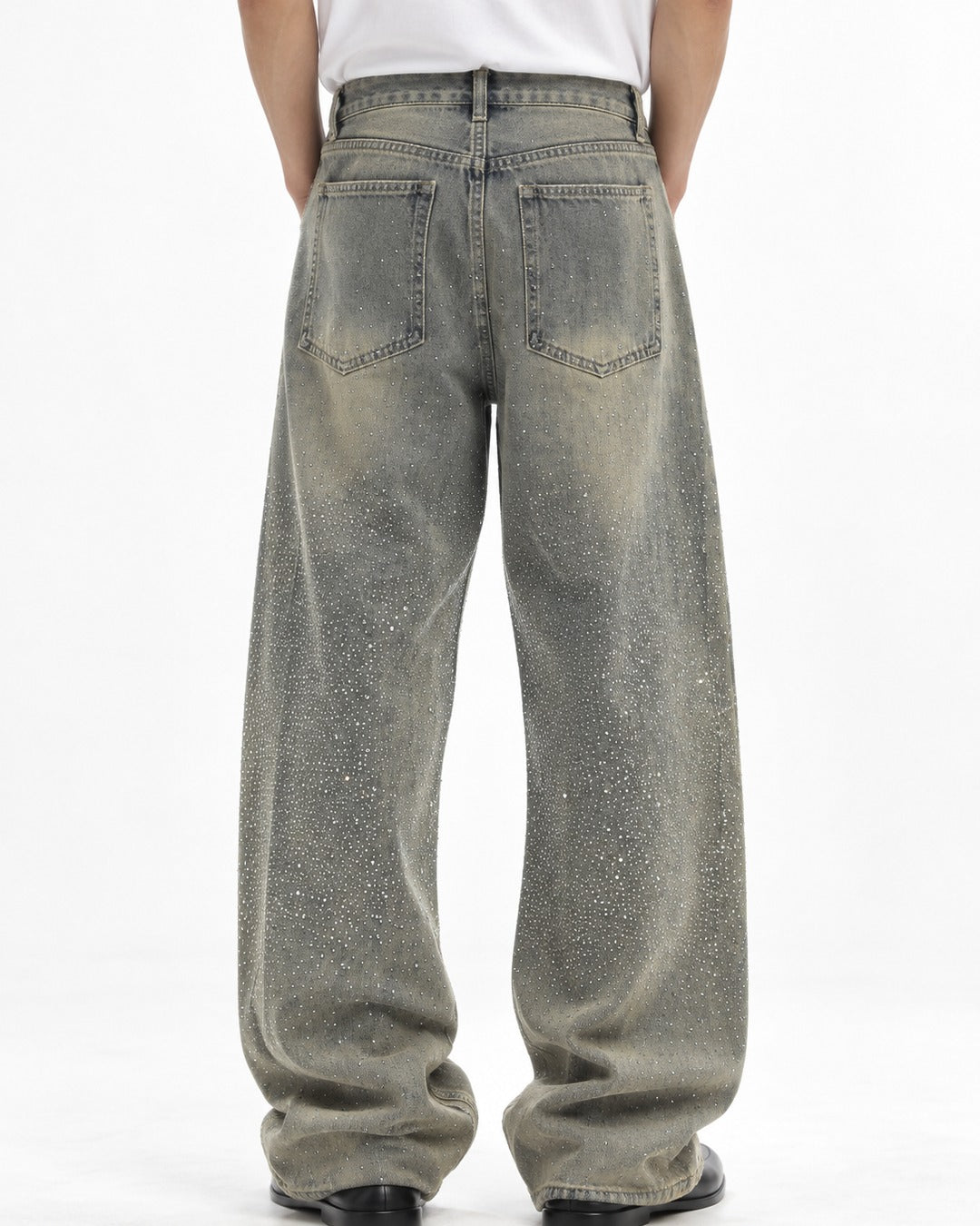 Rhinestone Faded Wide-Leg Jeans