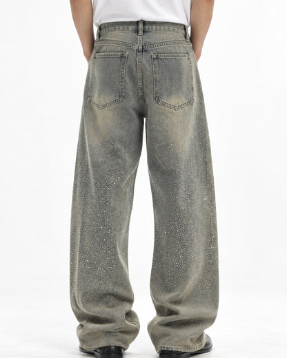 Rhinestone Faded Wide-Leg Jeans