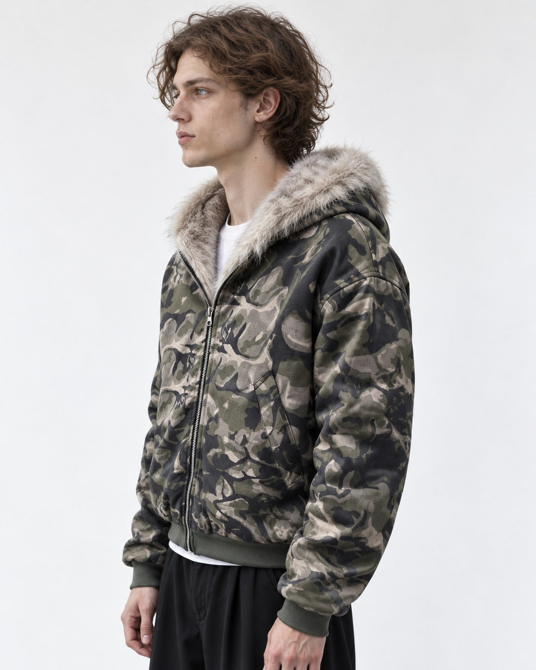 Camouflage Fur-Lined Hooded Bomber Jacket