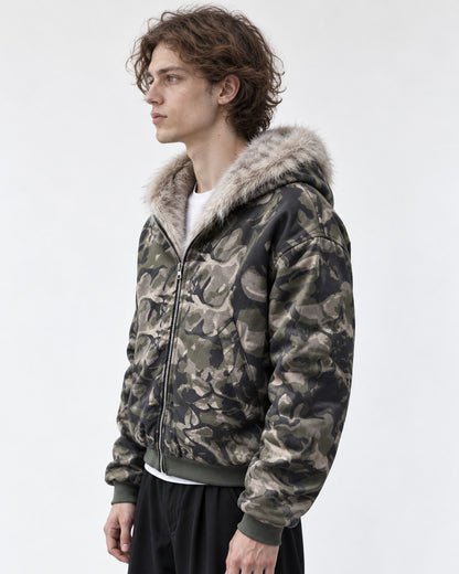 Camouflage Fur-Lined Hooded Bomber Jacket
