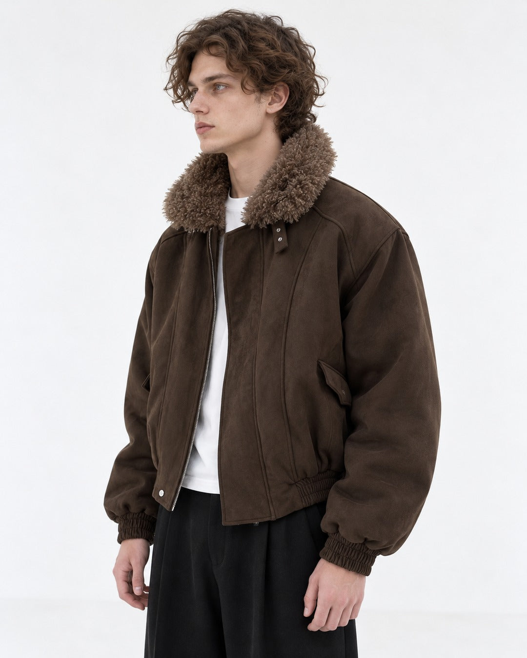 Shearling Collar Suede-Look Bomber Jacket