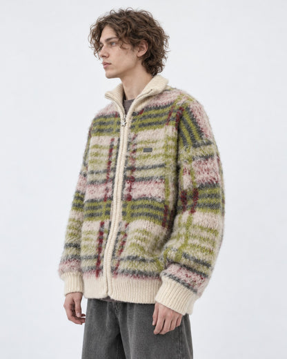 Mohair-Blend Plaid Zip Knit Jacket