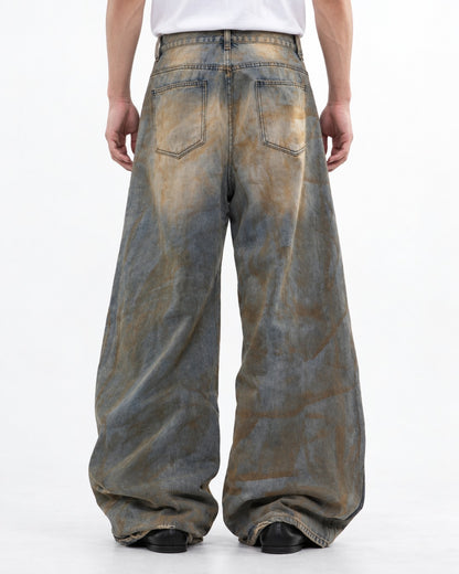 Heavily Distressed Wide-Leg Denim Pants