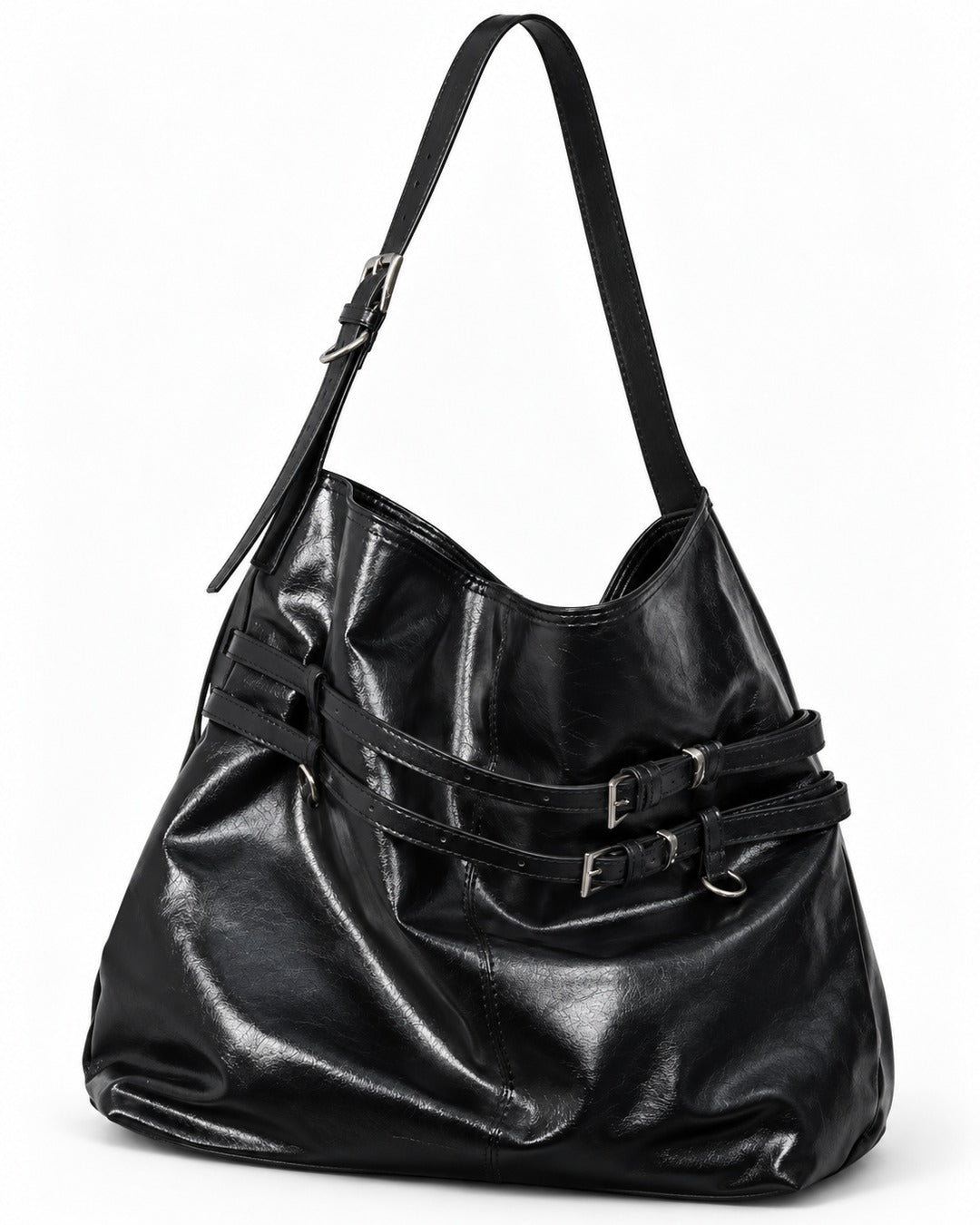 Glossy Black Buckle Strap Shoulder Bag