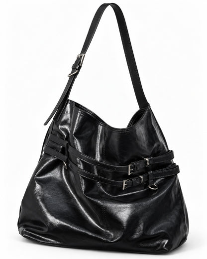 Glossy Black Buckle Strap Shoulder Bag