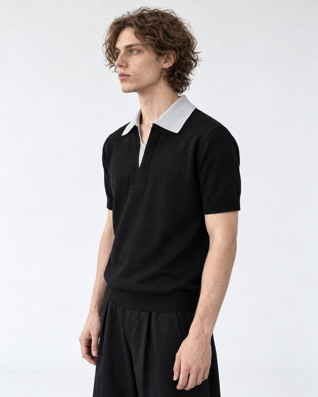 Gray Collar Black Knit Polo Shirt