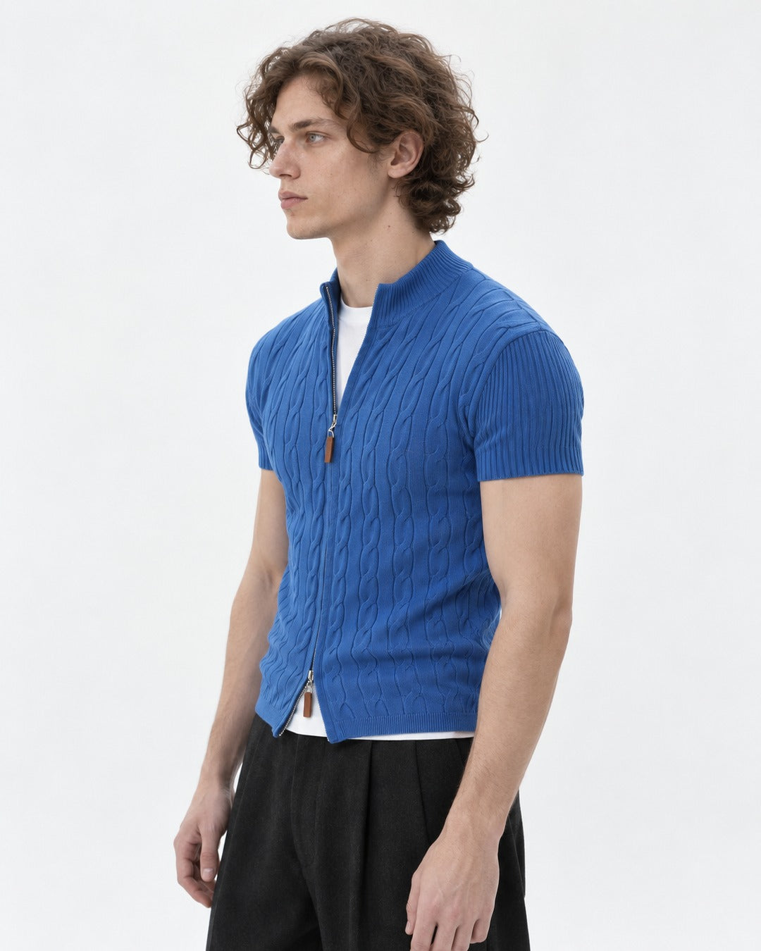 Cable-Knit Short-Sleeve Zip Cardigan