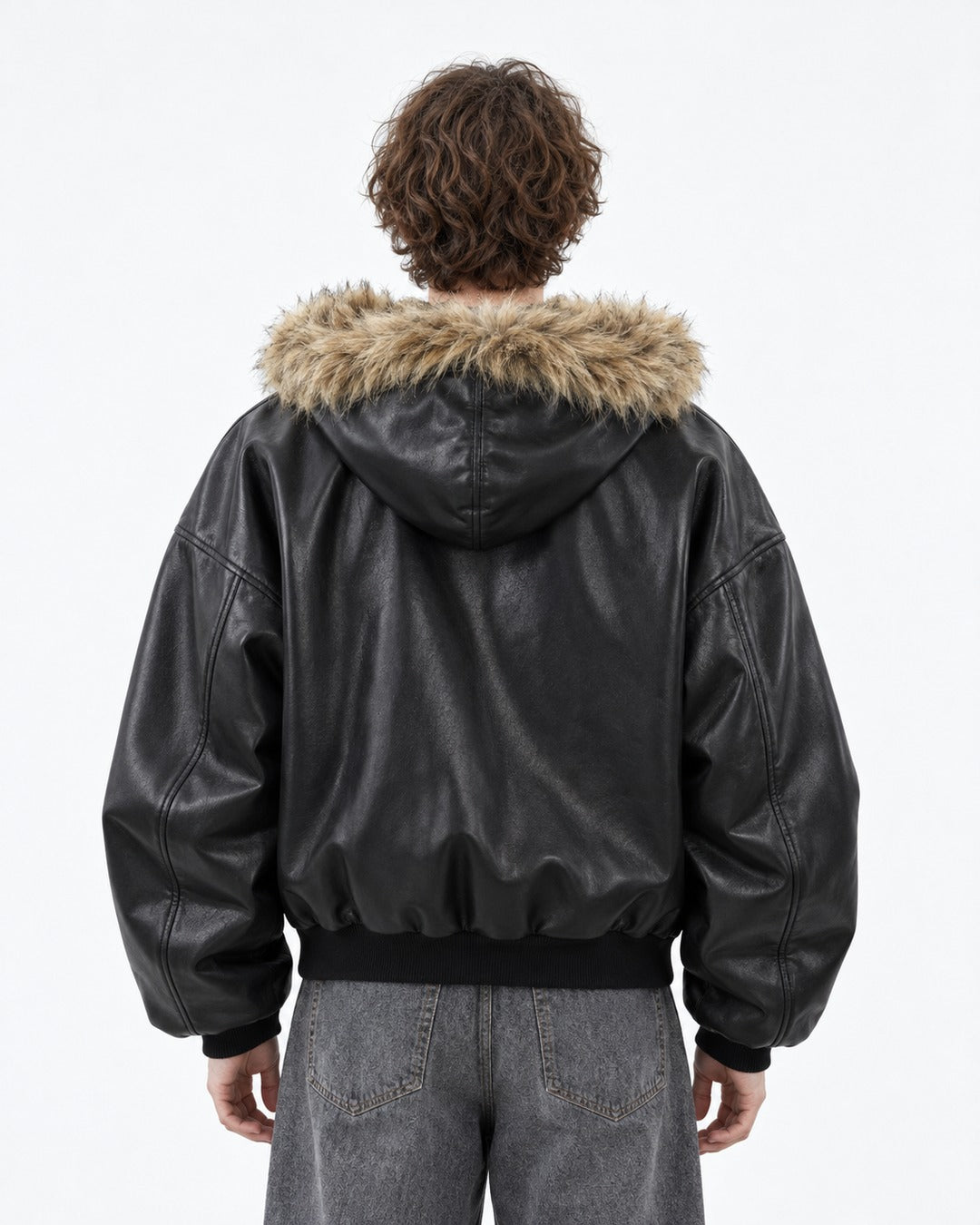 Faux-Fur Lined Hooded Leather Bomber