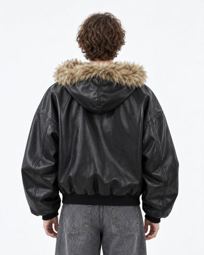 Faux-Fur Lined Hooded Leather Bomber