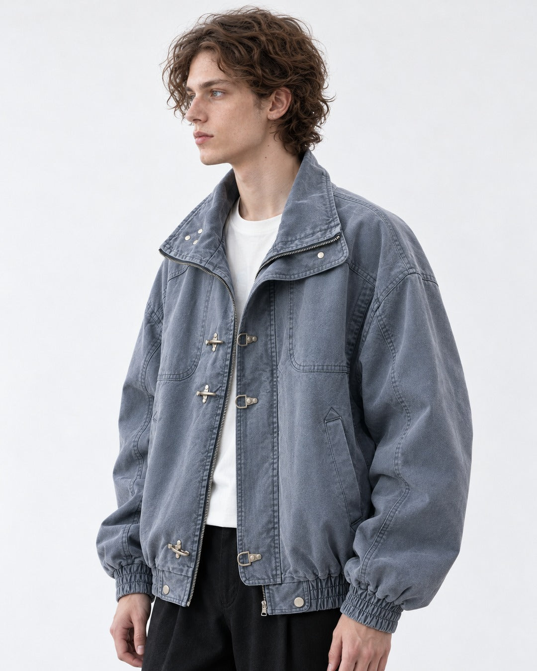 Clasp Stand-Collar Washed Work Jacket