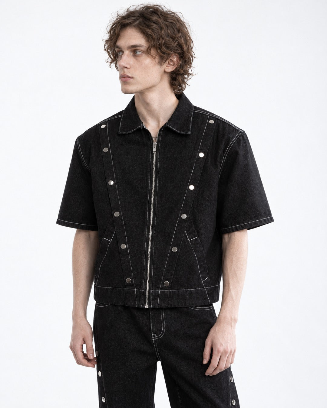 Multi-Button Contrast Stitching Denim Suit Set-Up