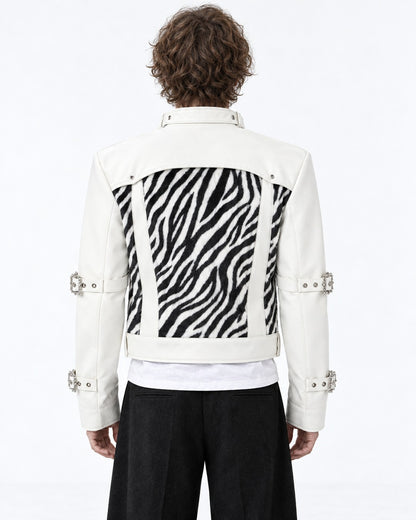 Faux Zebra Print Fur Patchwork Leather Jacket