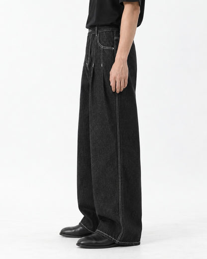 Double-Pleated Wide Denim Pants