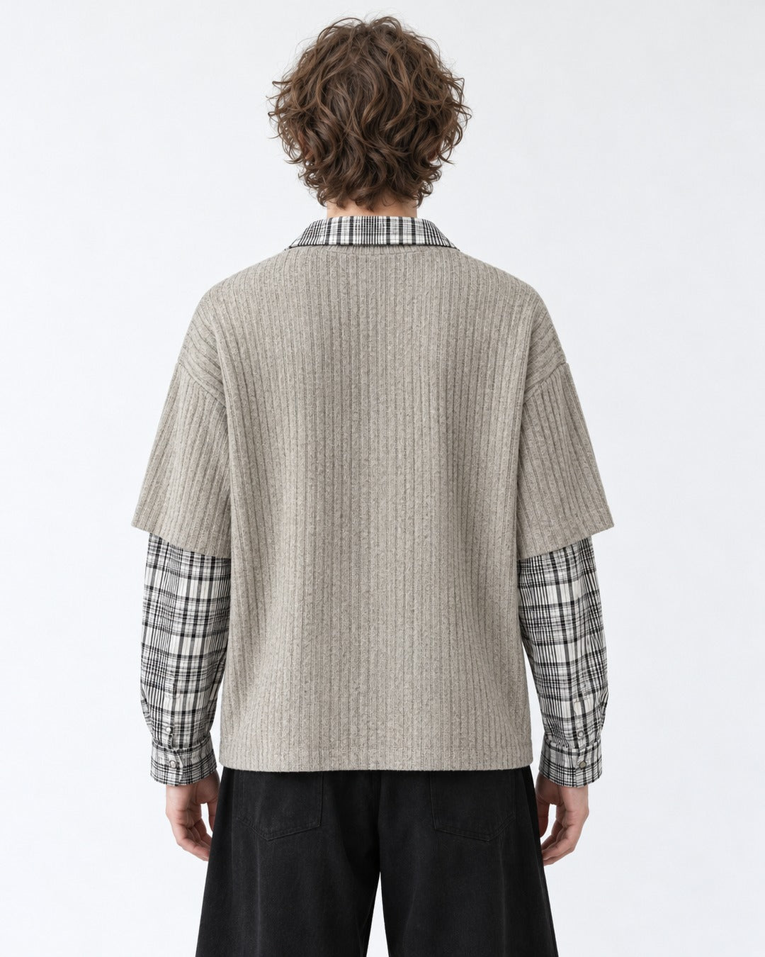 Layered Plaid-Trim Bear Graphic Knit Top
