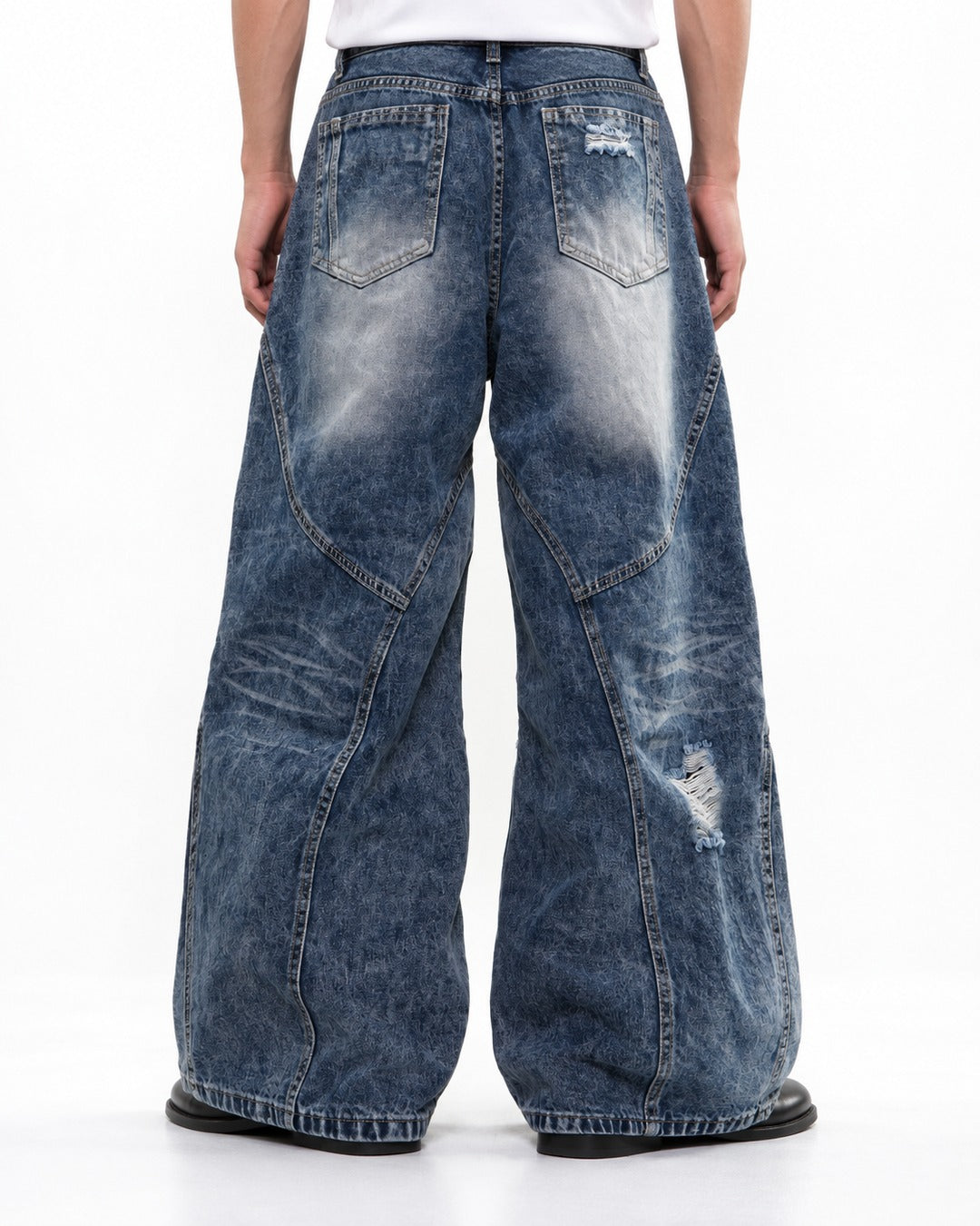 Stacked-Panel Frayed Blue Wide-Leg Jeans
