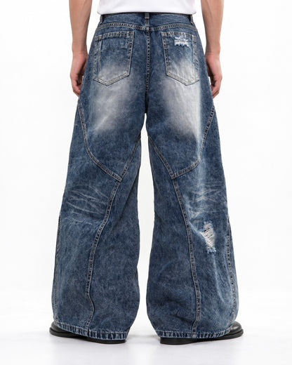 Stacked-Panel Frayed Blue Wide-Leg Jeans