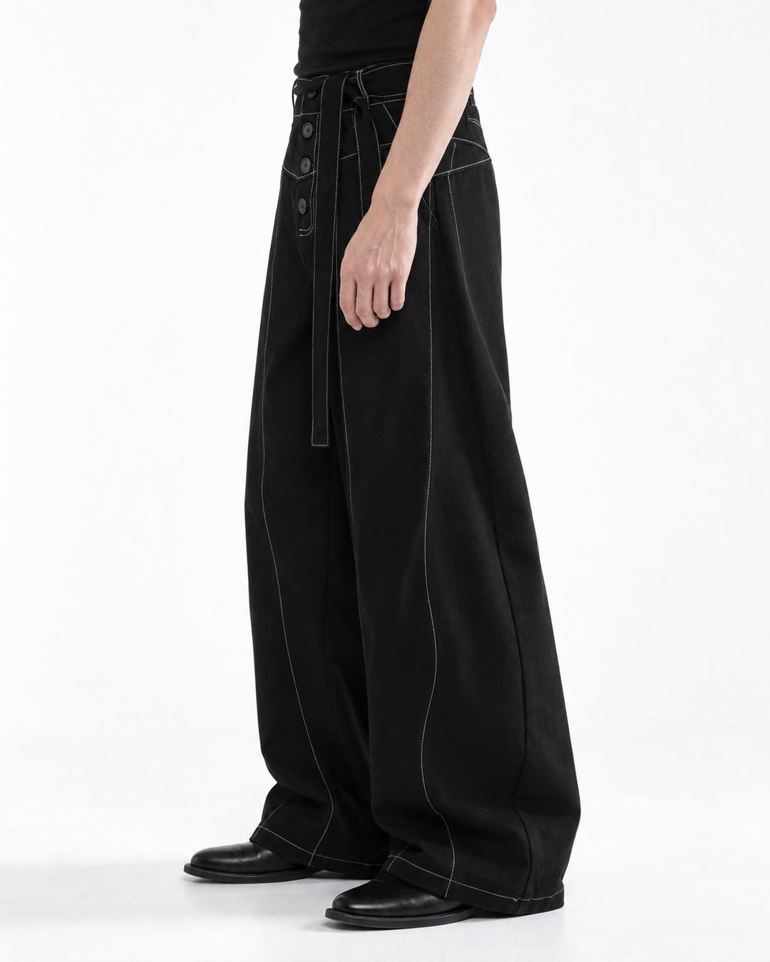 Contrast Stitch Wide-Leg Pants with Tie Belt