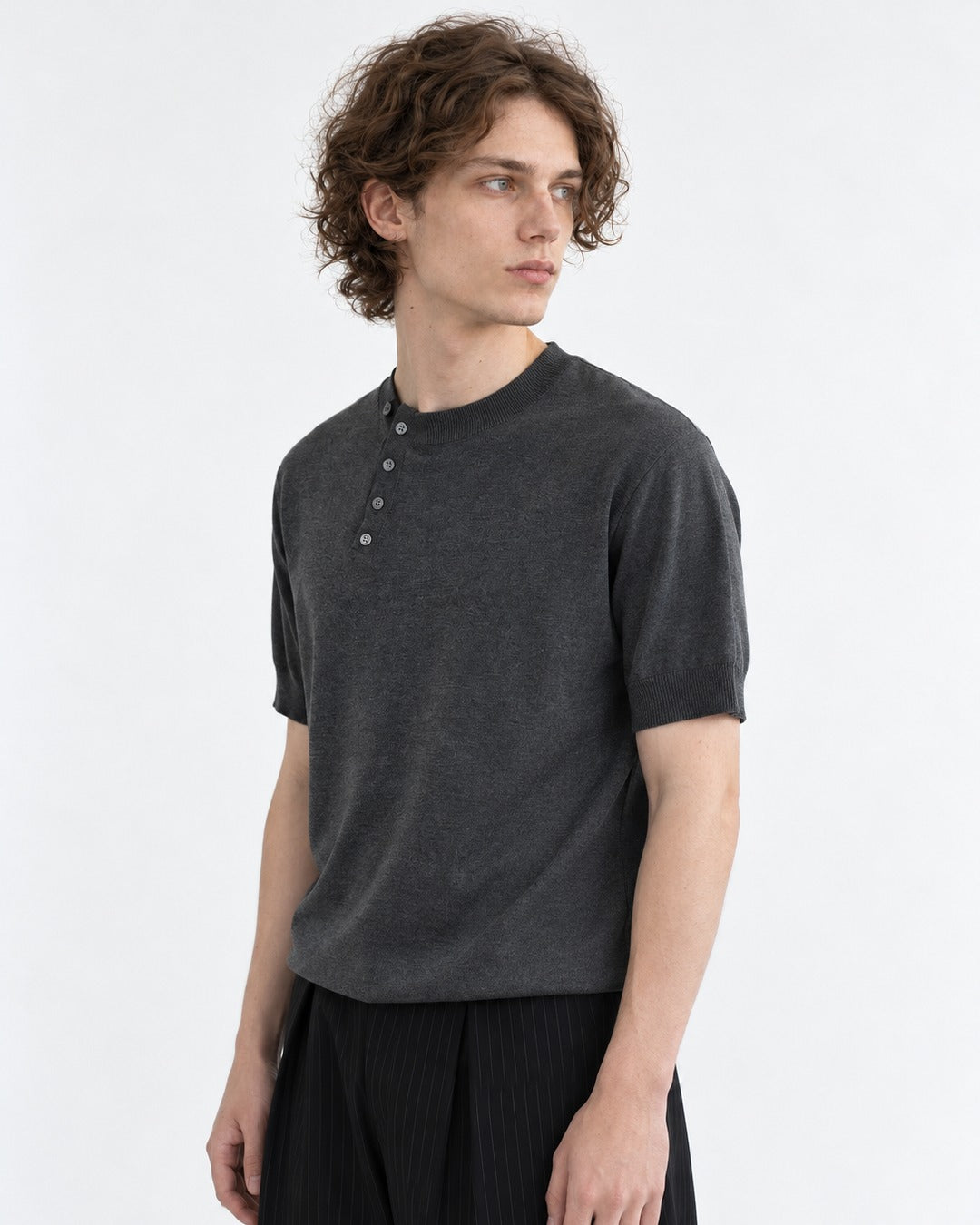 Diagonal-Button Henley Knit Top