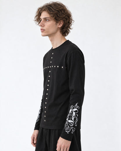 Studded Cross Print Sleeve Long Sleeve Tee