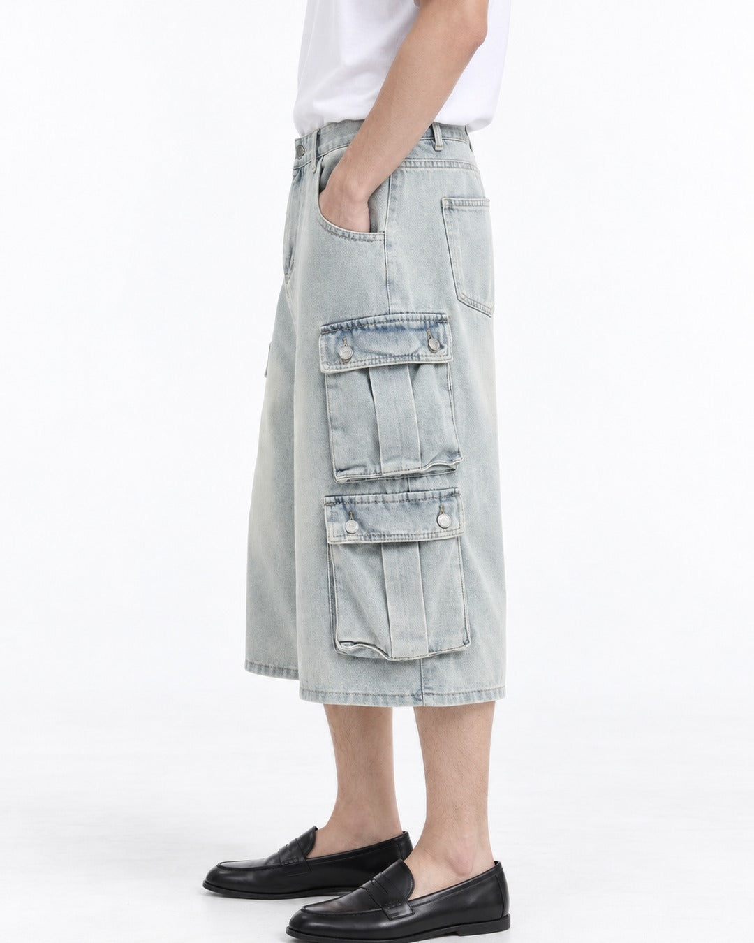Washed Denim Double Flap Cargo Shorts