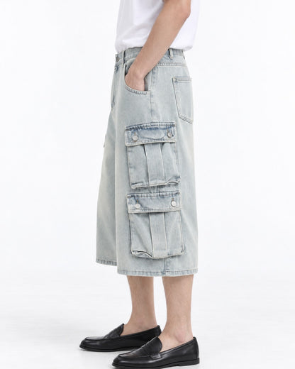 Washed Denim Double Flap Cargo Shorts