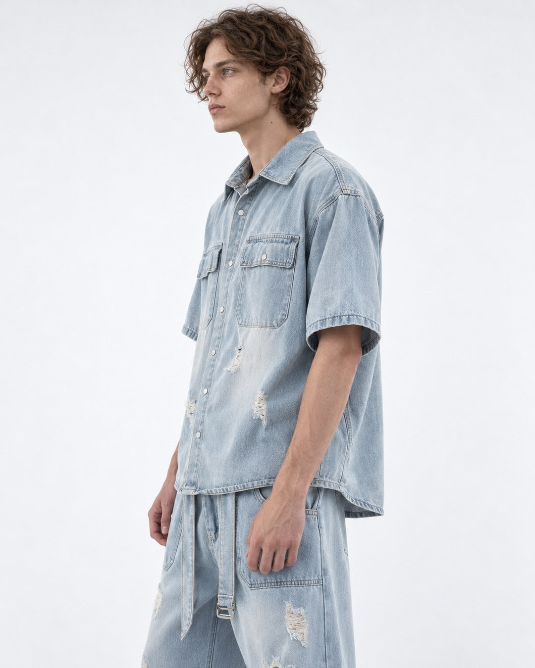 Faded Denim Shirt and Ripped Wide-Leg Jeans Set-Up