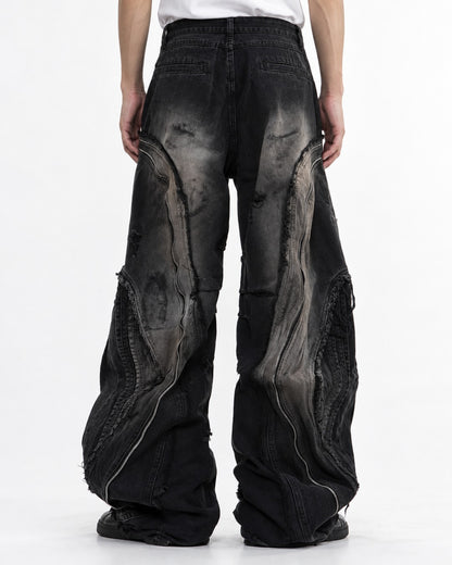 Wavy Panel Frayed Zip Jeans