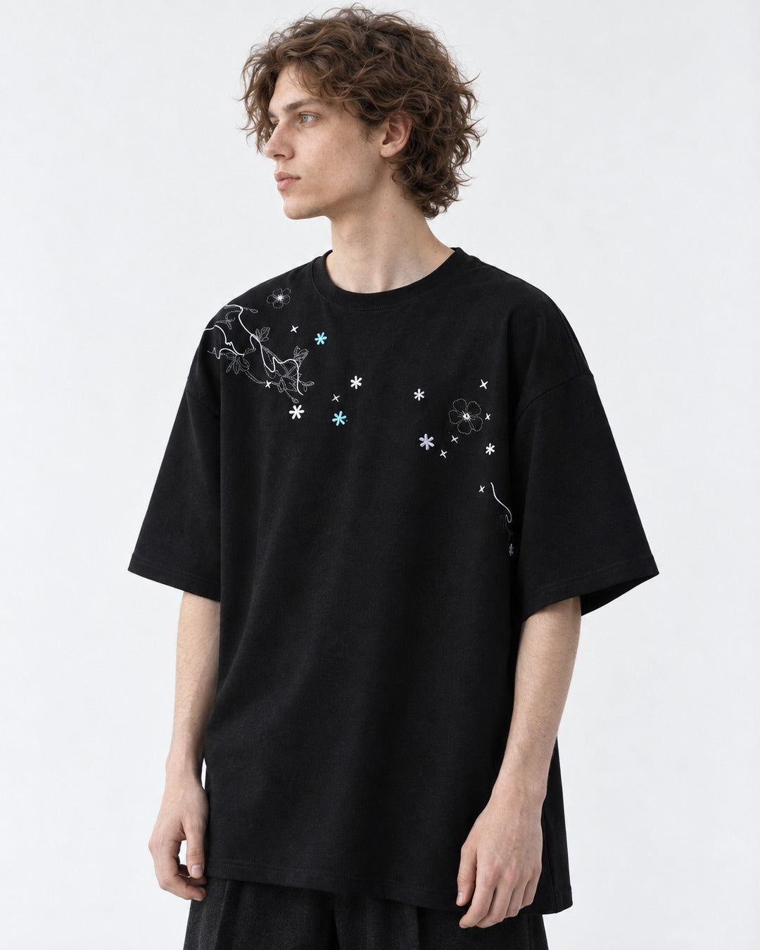 Floral-Embroidered Oversized Tee