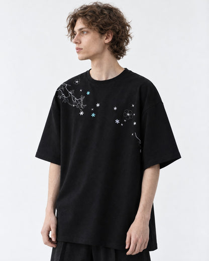 Floral-Embroidered Oversized Tee