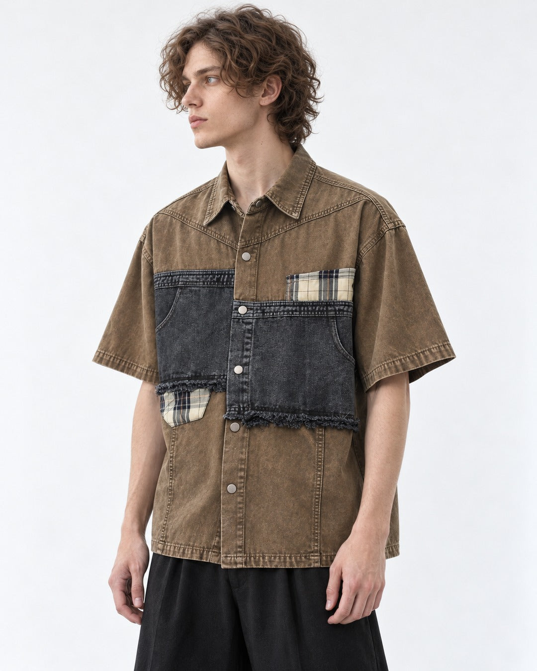Distressed Denim Patchwork Short-Sleeve Shirt