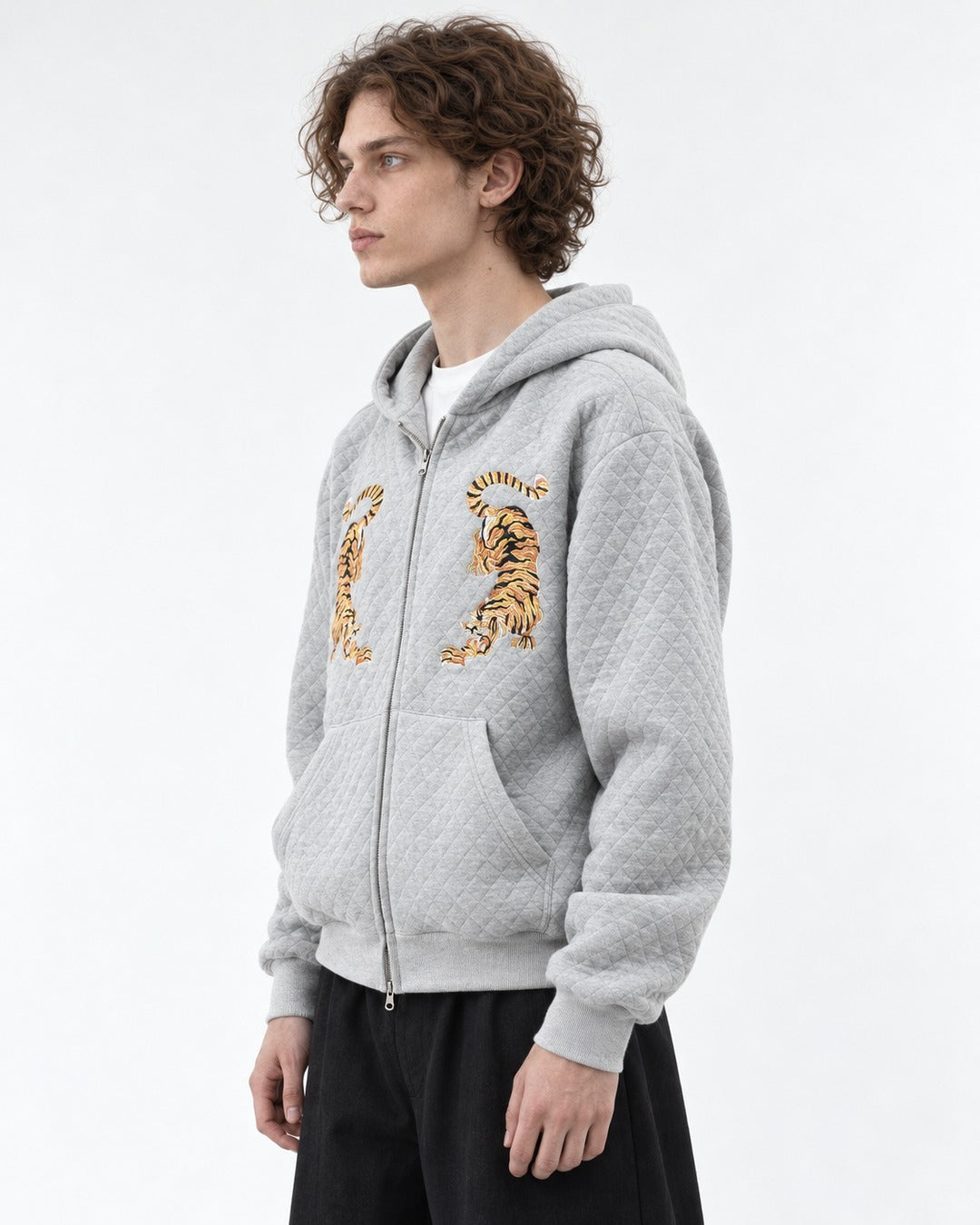 Tiger Embroidered Quilted Zip Hoodie