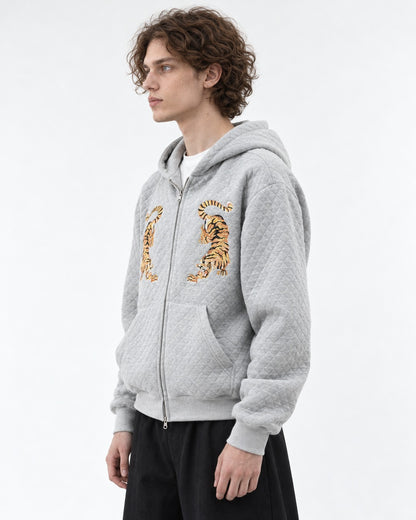 Tiger Embroidered Quilted Zip Hoodie