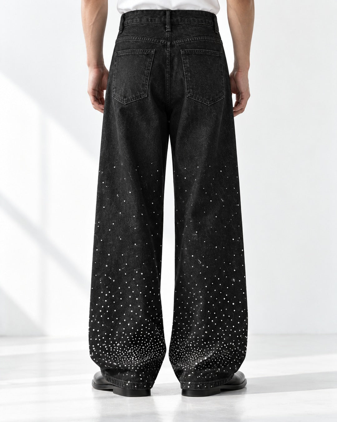 Rhinestone Burst Wide-Leg Black Jeans