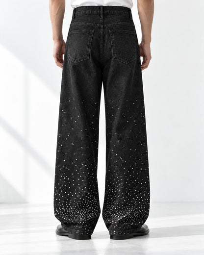 Rhinestone Burst Wide-Leg Black Jeans