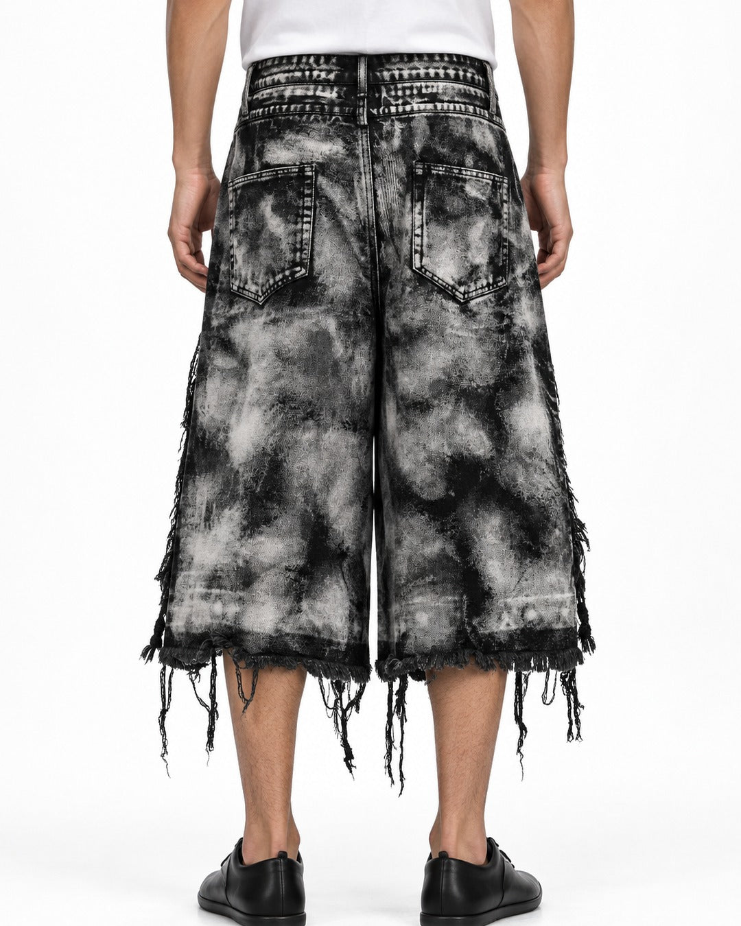 Distressed Fringe Denim Shorts with Red Stars