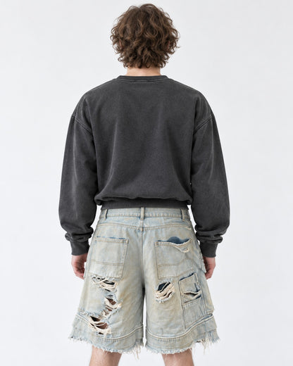 Double-Waist Shredded Denim Shorts
