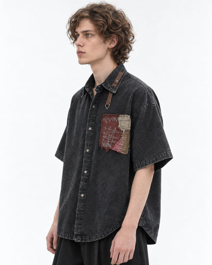 Washed Denim Patchwork Short-Sleeve Shirt