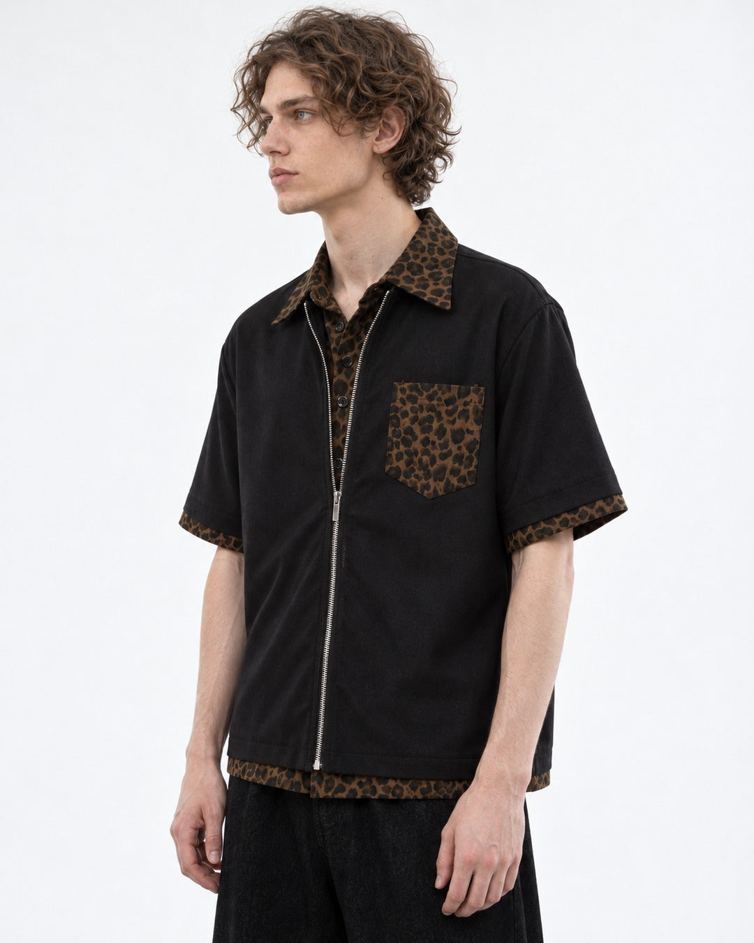 Leopard Trim Zip Shirt