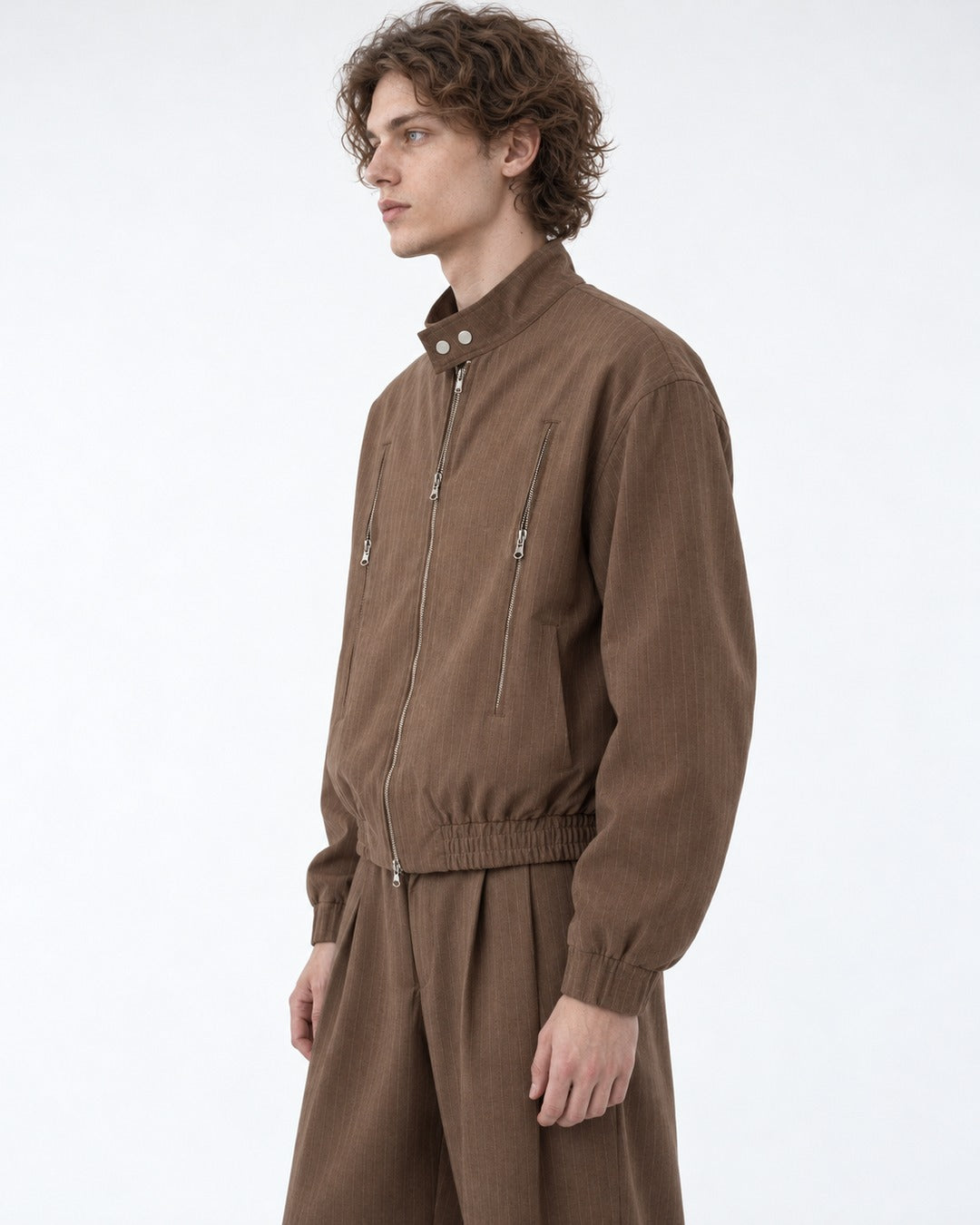 Pinstripe Stand Collar Zip Jacket and Wide Pants Set