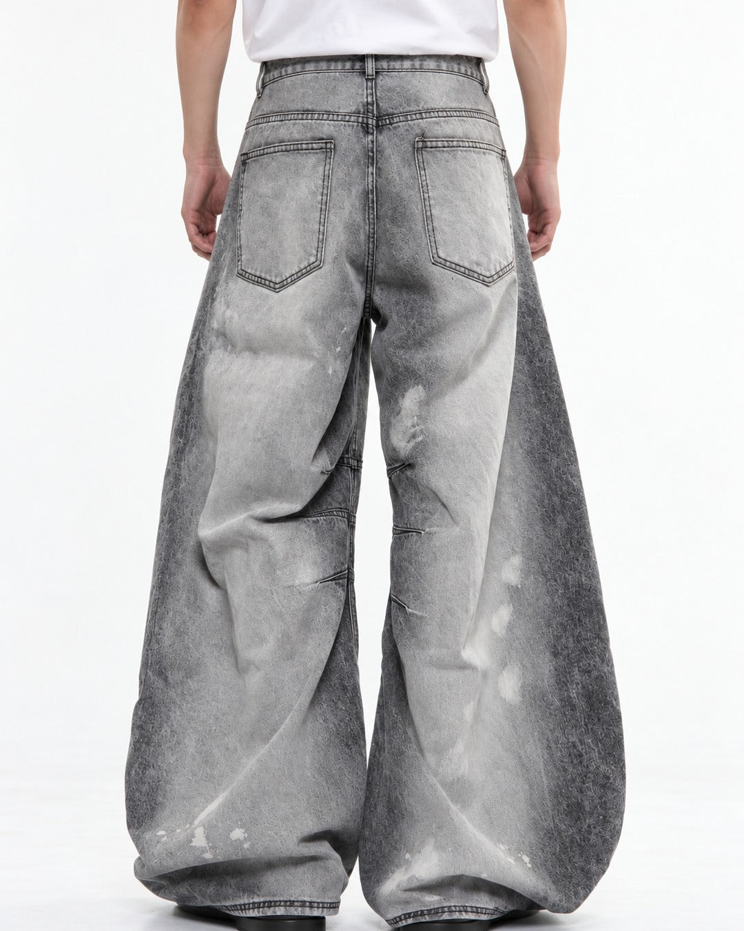 Gray Acid-Wash Ripped Wide-Leg Jeans