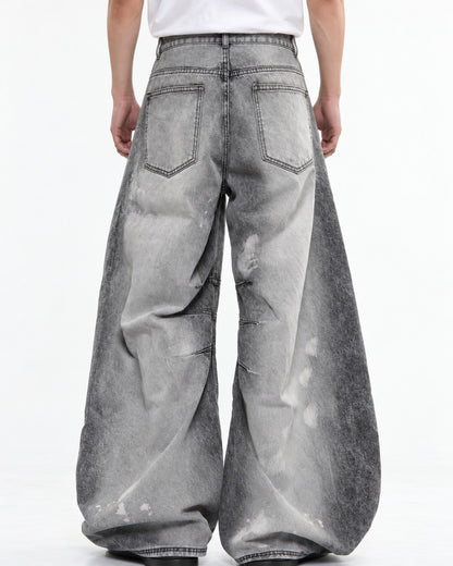 Gray Acid-Wash Ripped Wide-Leg Jeans