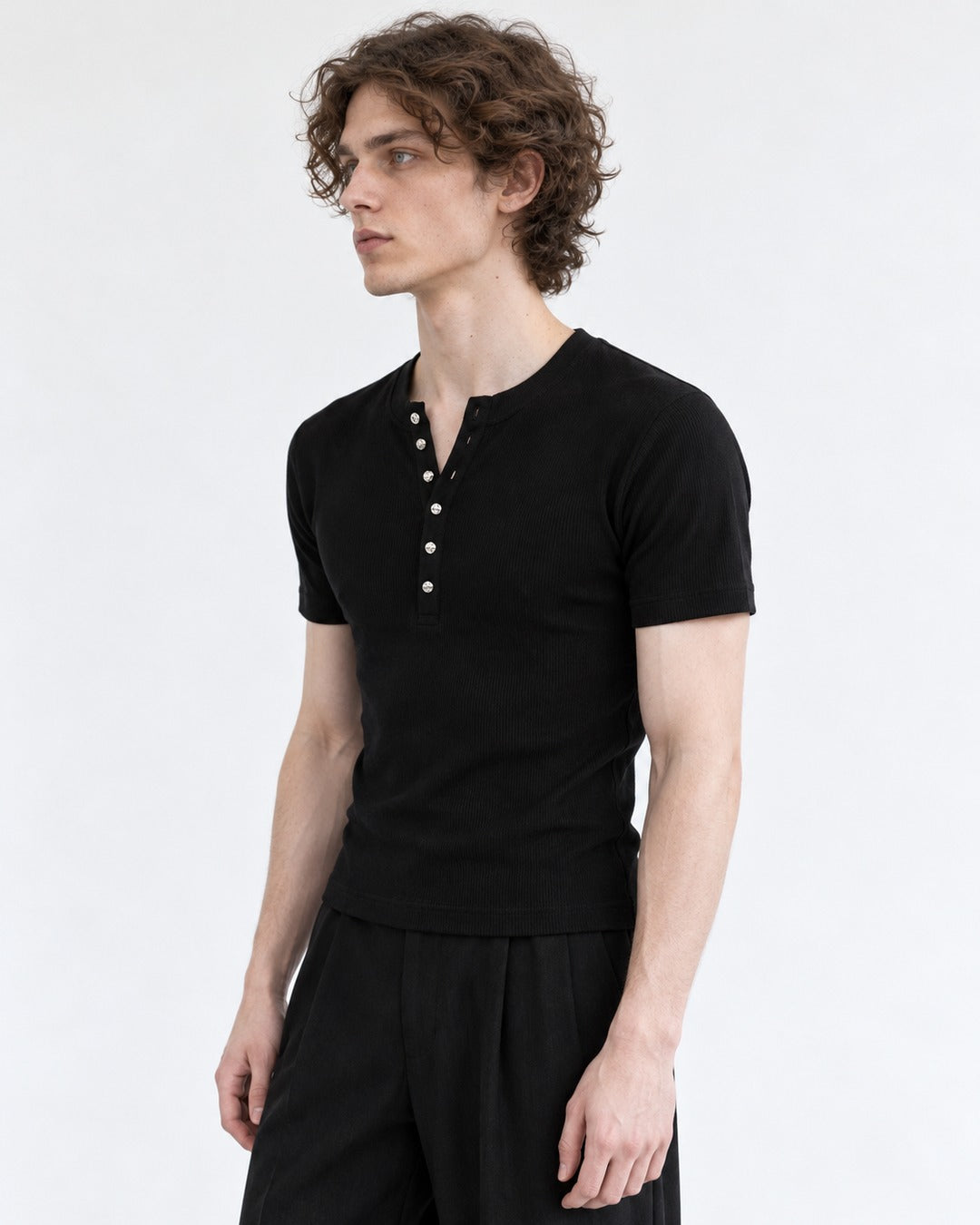 Ribbed Henley Tee with Metal Buttons