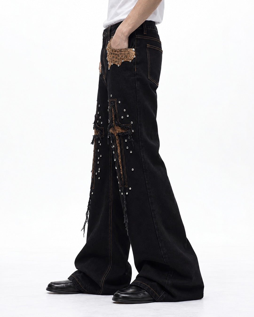 Studded Cross Patch Flared Jeans