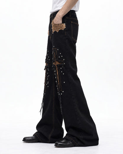 Studded Cross Patch Flared Jeans