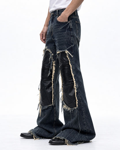 Leather Knee Patch Flared Jeans