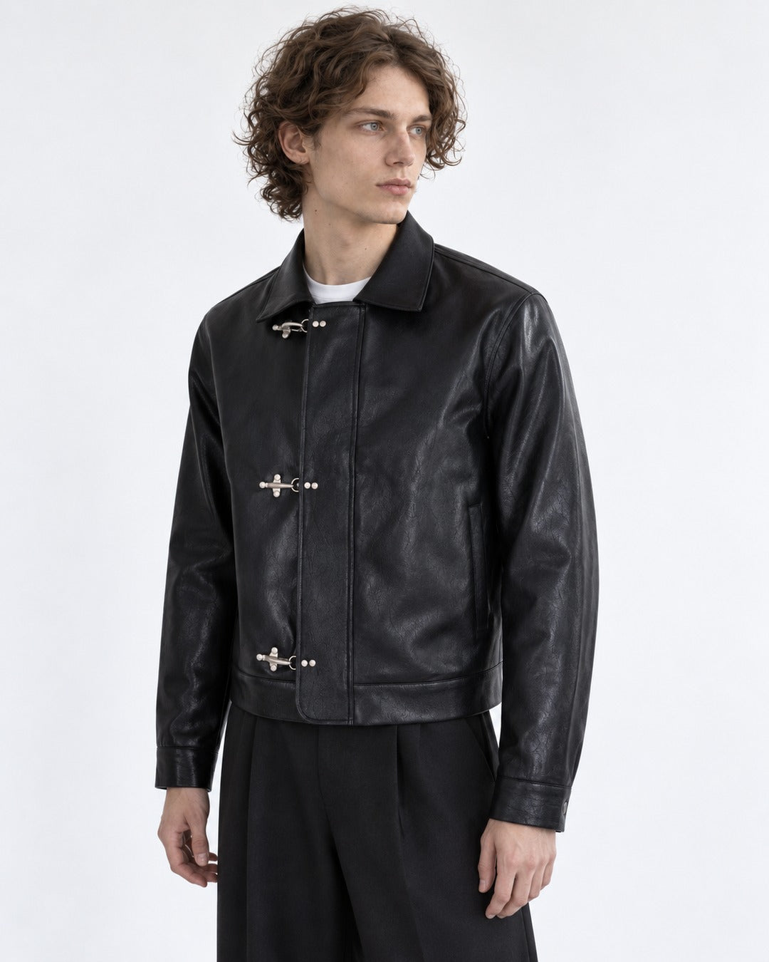 Triple Clasp Leather-Look Jacket