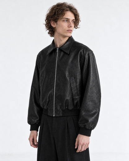 Boxy Shoulder-Pad Leather Bomber