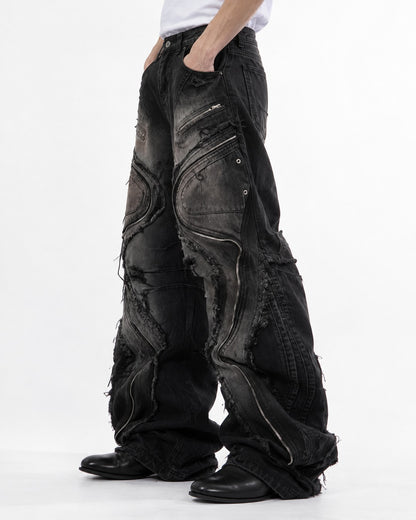 Wavy Panel Frayed Zip Jeans