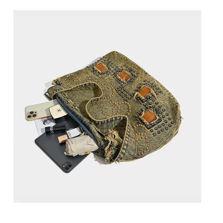 Studded Washed Denim Shoulder Bag