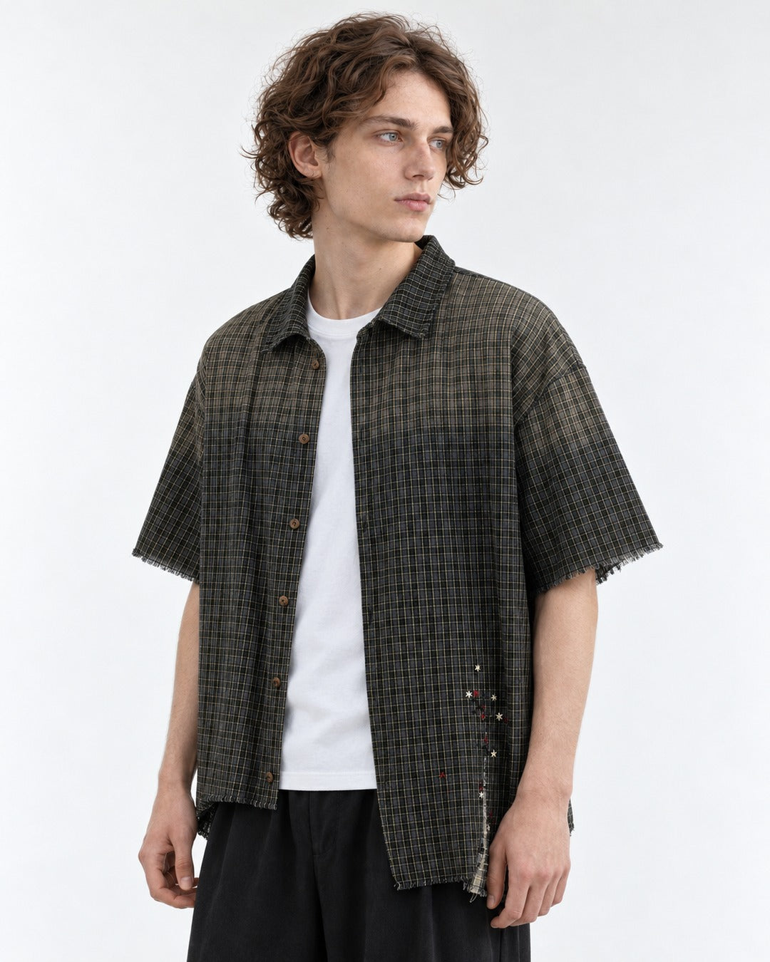 Frayed Hem Faded Plaid Short Sleeve Shirt